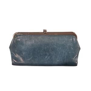 HOBO Lauren Turquoise Blue Bifold Leather Wallet 2 Sided Kiss Lock Clutch Bag